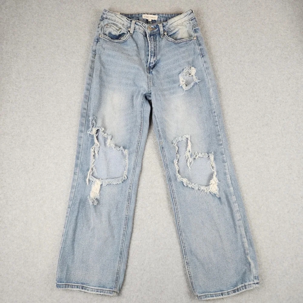 Almost Famous Womens Light Wash Distressed Wide Leg Jeans Size 5 High Rise 97230